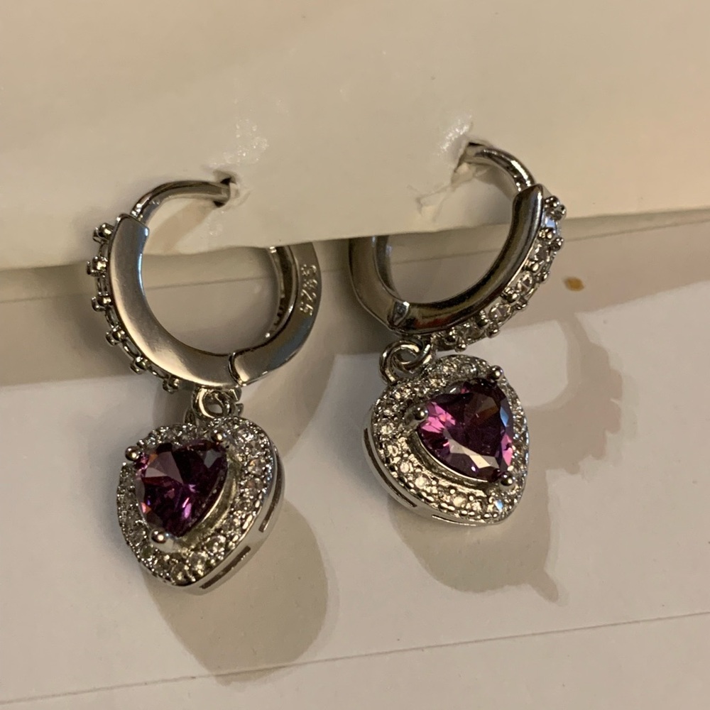 Earrings Sterling Silver 925 with Purple Heart with White Zirconia Stones